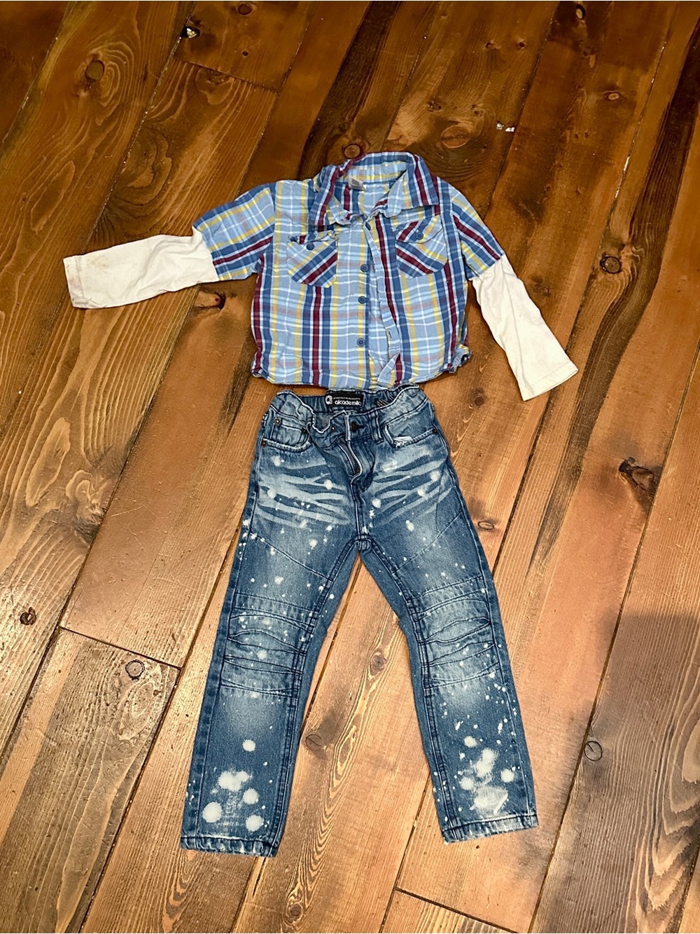 Boys Layered Plaid Shirt with Distressed Jeans